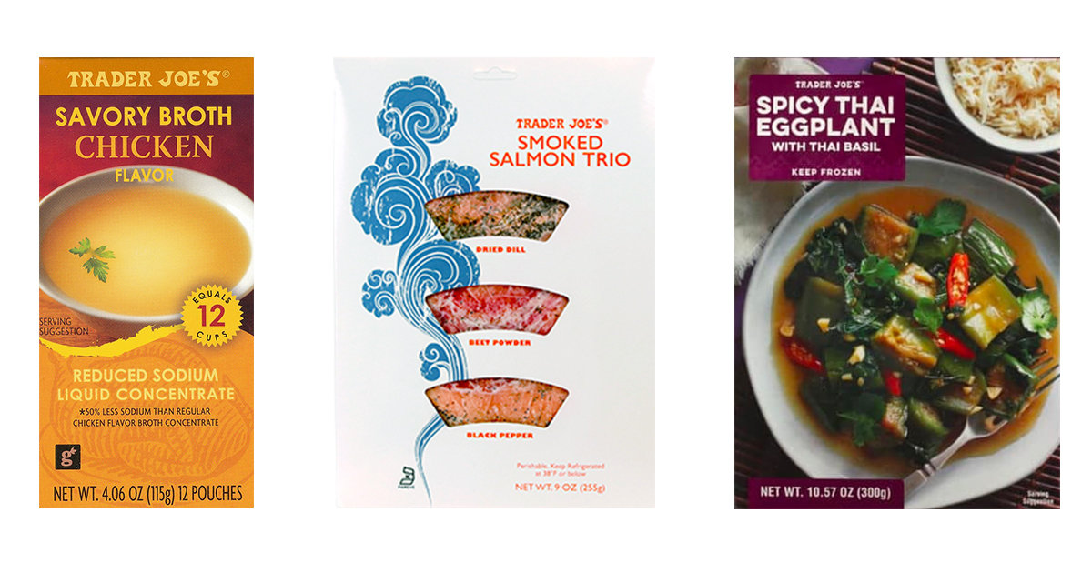 Trader Joe's Chicken Broth Packets, Smoked Salmon, Spicy Eggplant