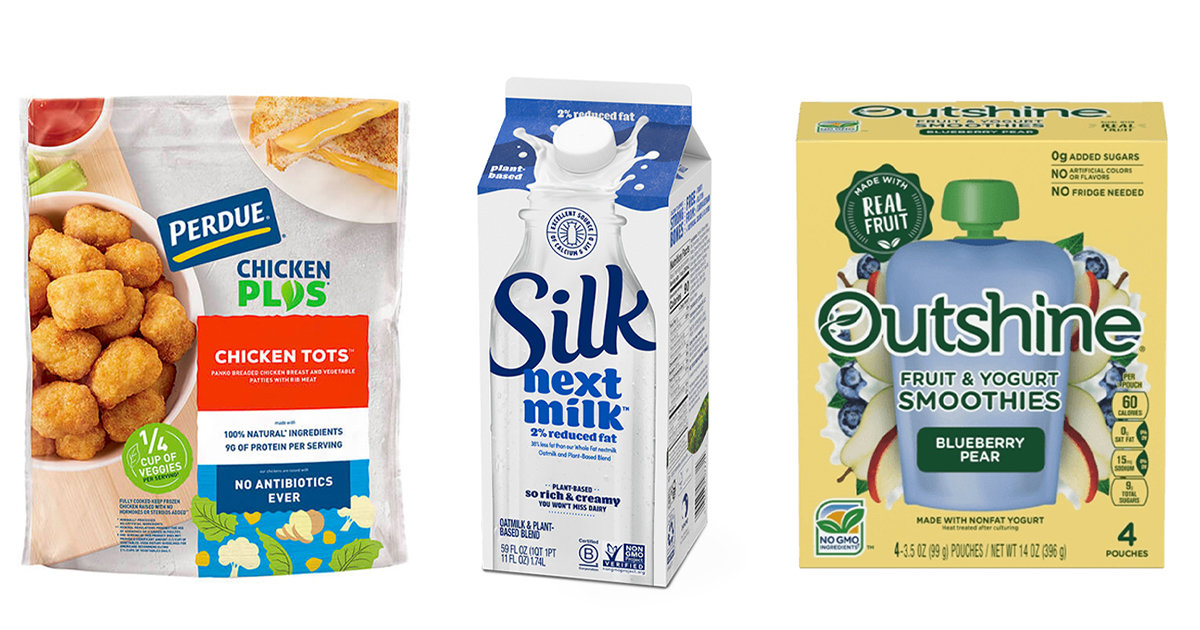 Chicken + Veggie Tots, New PlantBased Milk Blend, ShelfStable Fruit & Yogurt Smoothie Pouches