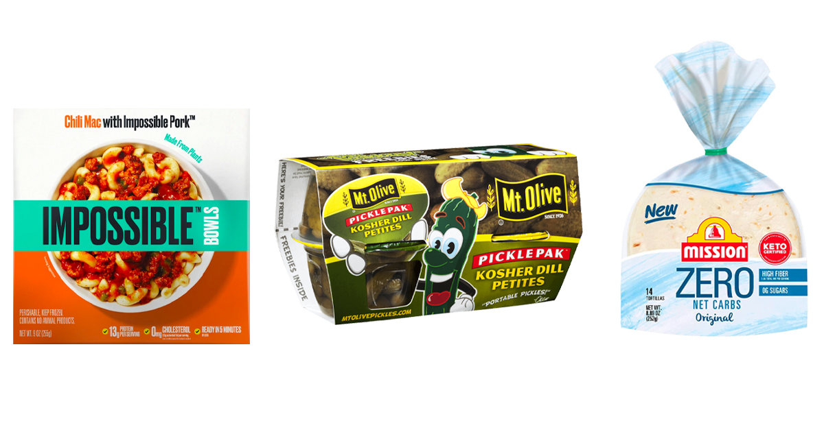 PlantBased Frozen Meals, LowCarb Keto Tortillas, Pickle Snack Cups