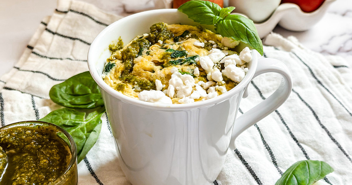 Healthy Pesto & Feta Microwave Egg Scramble Recipe Hungry Girl