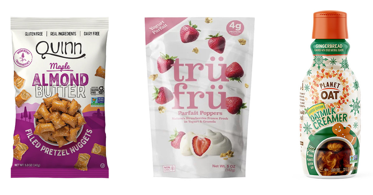 GlutenFree Pretzels with Maple Almond Butter, Frozen Fruit with Granola & Yogurt, Gingerbread