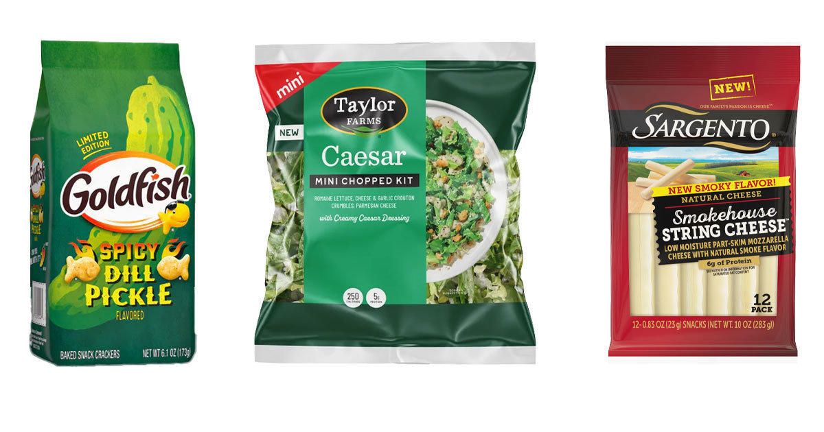 Spicy Dill Pickle Goldfish, Mini Chopped Salad Kits, Flavored String Cheese Hungry Girl