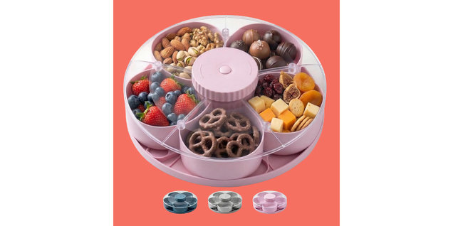 Multi-Compartment Rotating Snack Container with Clear Lid
