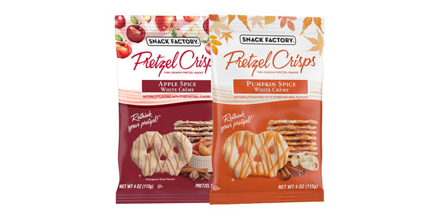 Snack Factory Apple Spice White Crème and Pumpkin Spice White Crème Pretzel Crisps