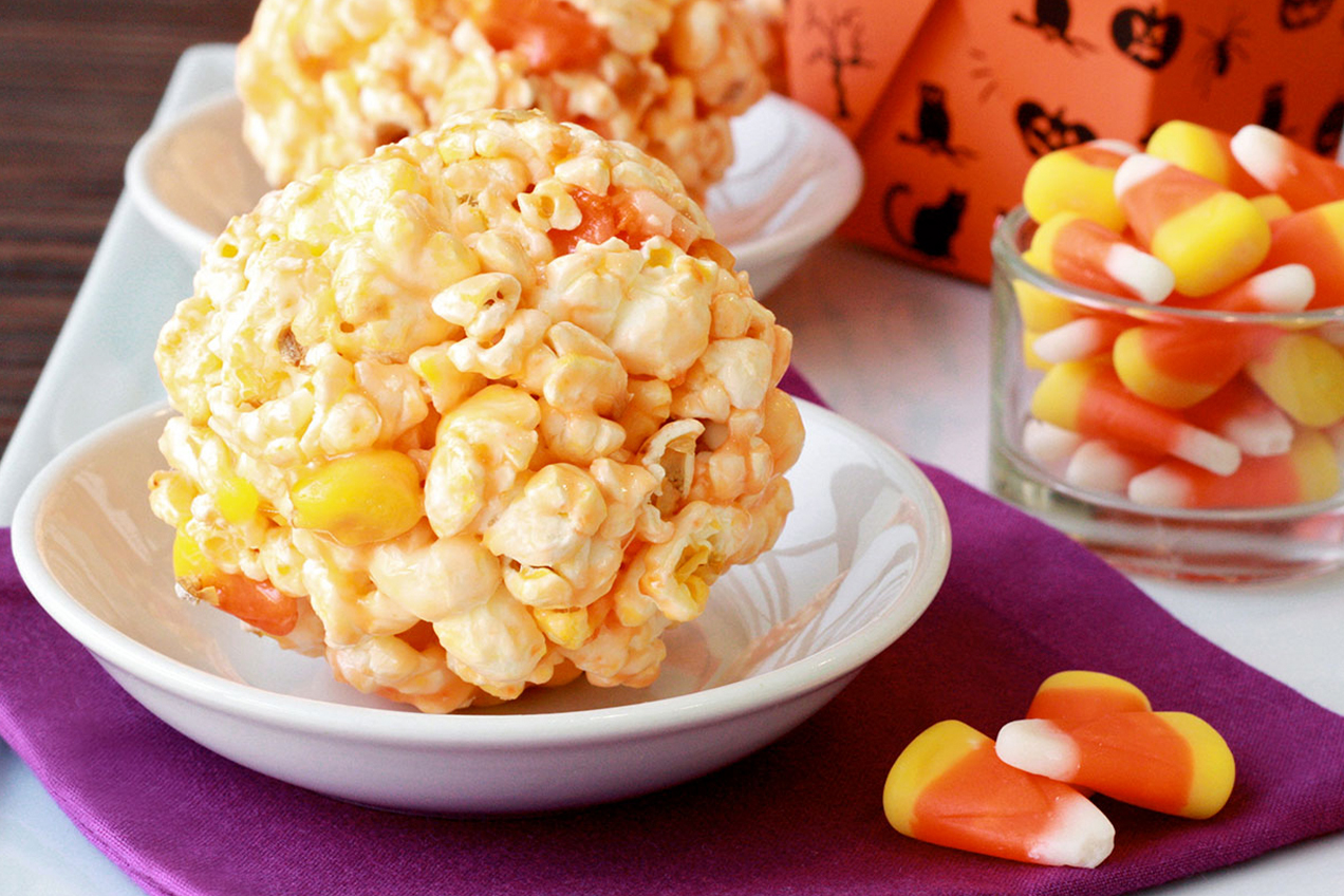 Candy Corn Popcorn Balls | Hungry Girl