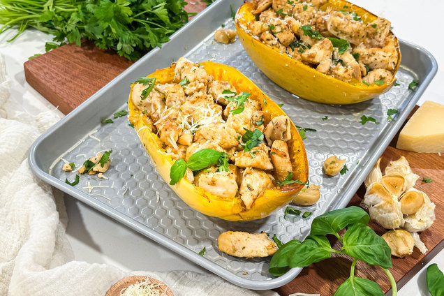 Hungry Girl Healthy Garlic Butter Chicken Spaghetti Squash Bake Recipe