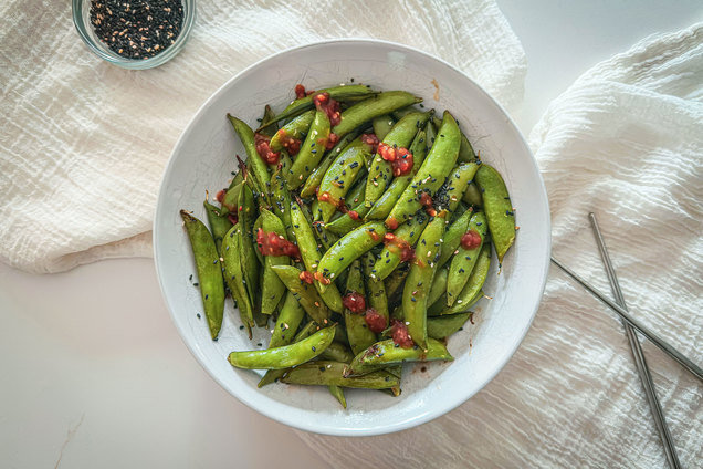 Hungry Girl Healthy Air-Fryer Sesame Ginger Sugar Snap Peas Recipe